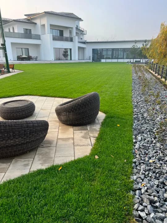 Curte vilă modernă cu gazon verde și terasă din piatră — amenajare Iași