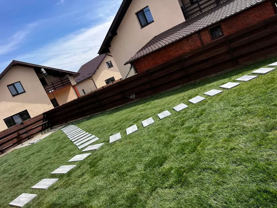 Gazon cu poteci din dale de piatră în curtea unei case moderne — Iași