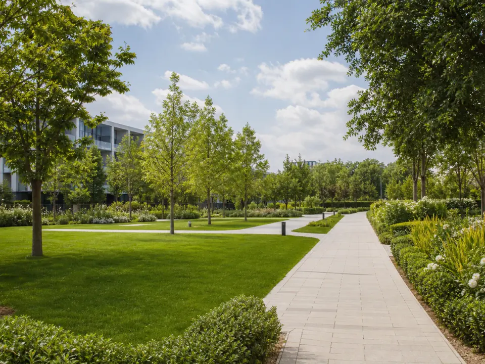 Spații verzi finalizate — parc amenajat premium cu gazon matur, alei și vegetație ornamentală