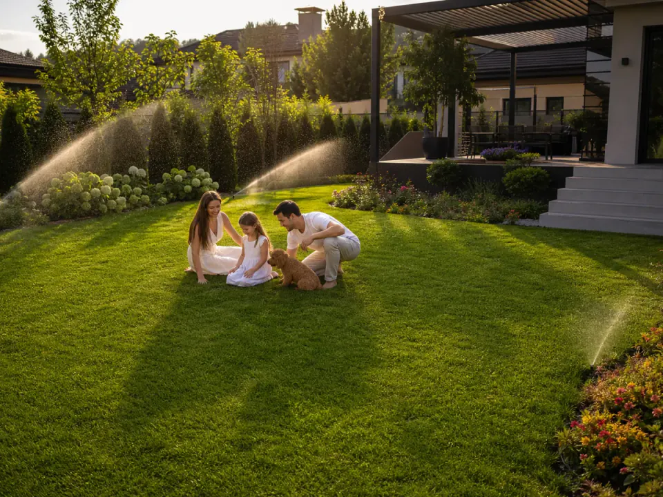 Gazon complet refăcut într-o grădină modernă din Iași, rezultat premium după renovare