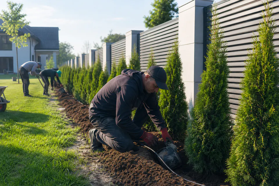 Plantare profesională gard viu — echipă montează tuia de delimitare pe proprietate din Iași