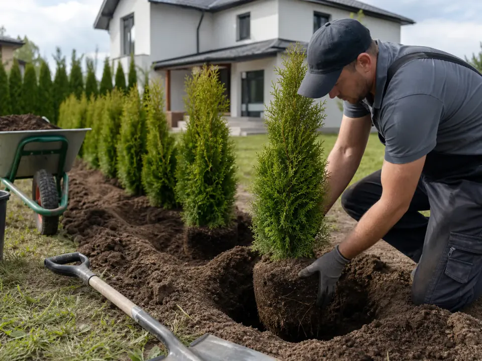 Plantare profesională tuia occidentalis în șir pentru gard viu, sol pregătit